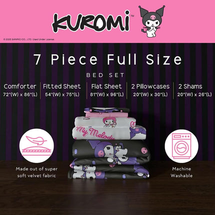 Franco Sanrio Kuromi & My Melody Bedding 7 Piece Super Soft Cozy Reversible Comforter and Sheet Set with Sham, Full, (Officially Licensed Product)