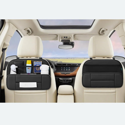 FLORICH Organisateur de dossier de siège de voiture 5-en-1, Pochette de rangement en cuir premium à fixer à l'arrière des sièges avec porte-gobelet, Distributeur de mouchoirs de voiture pliable, Ajustement universel