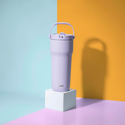 Zak Designs Sutton Vaso térmico de viaje para llevar, 887 ml, acero inoxidable con aislamiento al vacío, boquilla con pajita, asa de transporte para bebidas frías (lila ahumado)