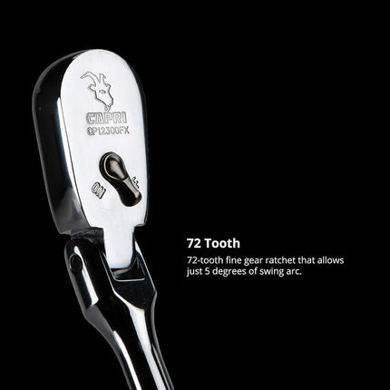Capri ToolsCP12300FXCapri Tools 3/8-Inch Drive Low Profile Flex-Head Ratchet, True 72-Tooth, 5-Degree Swing Arc, 180-Degree Flex-Head