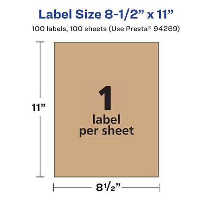 Avery Kraft Brown Rectangle Labels, 8.5" x 11", 100 Kraft Brown Labels, Laser/Inkjet Printable Labels