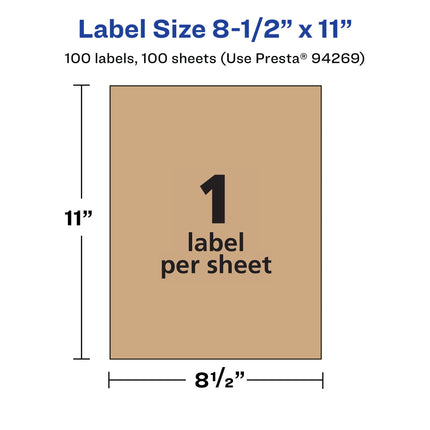 Avery Kraft Brown Rectangle Labels, 8.5" x 11", 100 Kraft Brown Labels, Laser/Inkjet Printable Labels