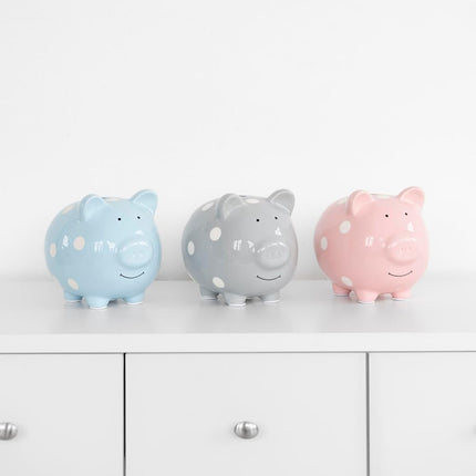 Pearhead Large Piggy Bank, Ceramic Money Bank For Kids, Baby Keepsake Gift, Gender Neutral Nursery Décor, Grey Polka Dot