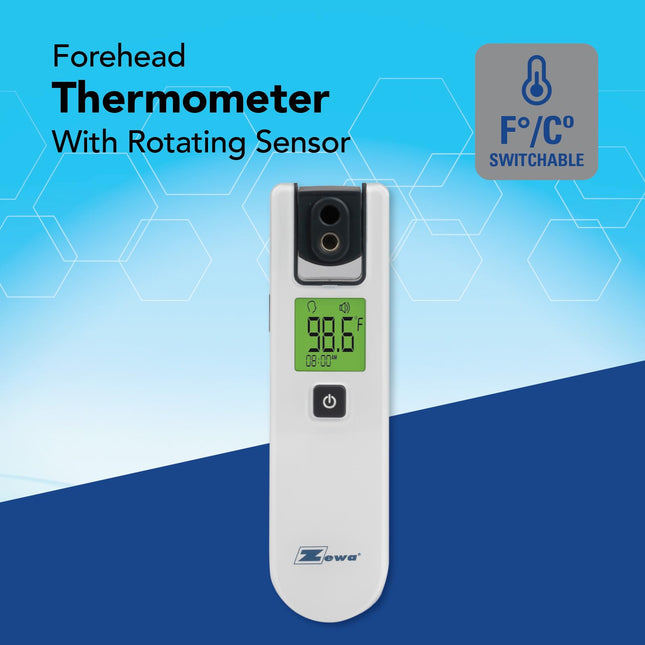 Zewa 4-Way Rotating Infrared Thermometer, Non-Touch Forehead Technology, Fast 1 Second Reading, Distance Detection, 3-Colour LCD Display, Memory Recovery, Measures