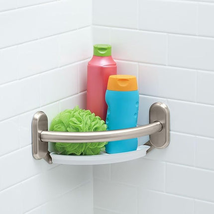 Moen LR2354DBN Bathroom Safety 9-Inch Curved Bathroom Grab Bar with Integrated Corner Shelf, Brushed Nickel