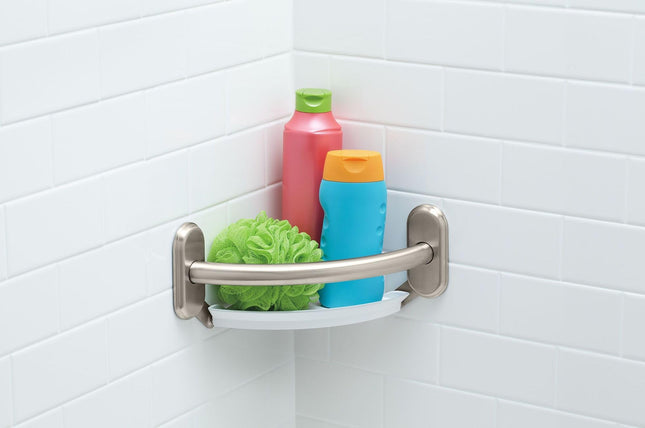 Moen LR2354DBN Barra de agarre curva de 9 pulgadas para baño con estante de esquina integrado, níquel cepillado
