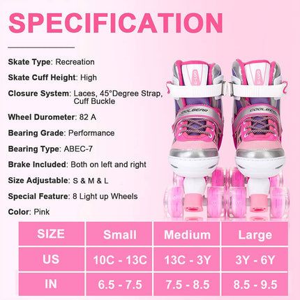 OTW-Cool Adjustable Roller Skates for Girls and Women, All 8 Wheels of Girl's Skates Shine, Safe and Fun Illuminating for Kids