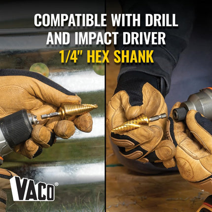 Klein Tools 25962 Step Drill Bit, 3/16 to 7/8-Inch, Spiral Double-Fluted, Cuts Thin Metal, Plastic, Aluminum, Wood, 1/4-Inch Hex Shank, VACO
