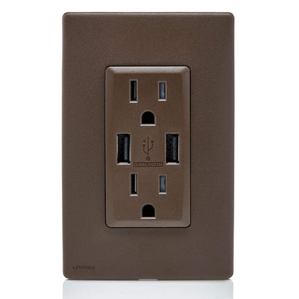 Leviton RUAA1-WB Renu USB Charger/Tamper-Resistant Duplex Outlet, 15A-125VAC, Walnut Bark 15-Amp