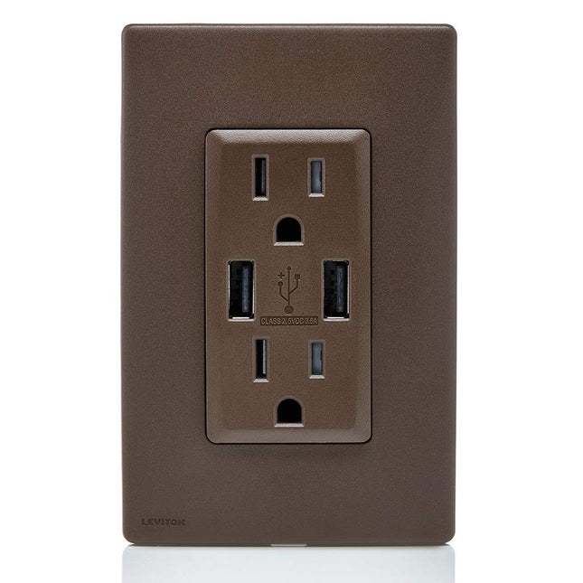 Leviton RUAA1-WB Renu USB Charger/Tamper-Resistant Duplex Outlet, 15A-125VAC, Walnut Bark 15-Amp