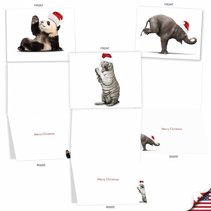 Yuletide Zoo Yoga Christmas Greeting Cards, Boxed Set of 10 Holiday Animals in Yoga Poses 4 x 5.12 inch, Assorted Yogi Animal Cards with Envelopes, Zoo Creature Christmas Notes, M6547XSG