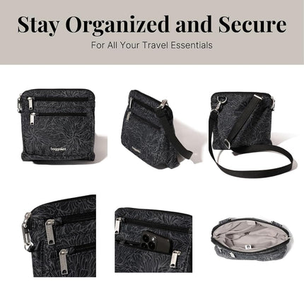 Baggallini Securtex Anti-Theft Crossbody 8.25" Small / 10" Large Travel Purse with RFID Card Slots & Cut-Resistant Strap, Midnight Blossom Print, Small 8.25"w x 8.25"h