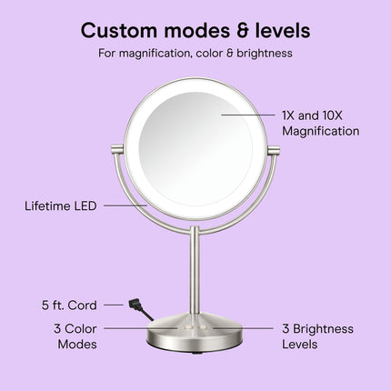 Conair Lighted Makeup Mirror, Double-Sided LED Vanity Mirror with 1X/10X Magnification, 3 Light Settings, 3 Modes, 360� Rotation, Satin Nickel Finish
