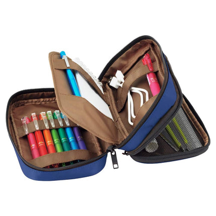 LIHIT LAB Large Capacity Double Zipper Pencil Case For School Office College, Big Capacity 6 Compartments Pencil Bag Holder Adults Teen Boys Girls, Travel Cosmetics Storage, Indigo (A7555-11)