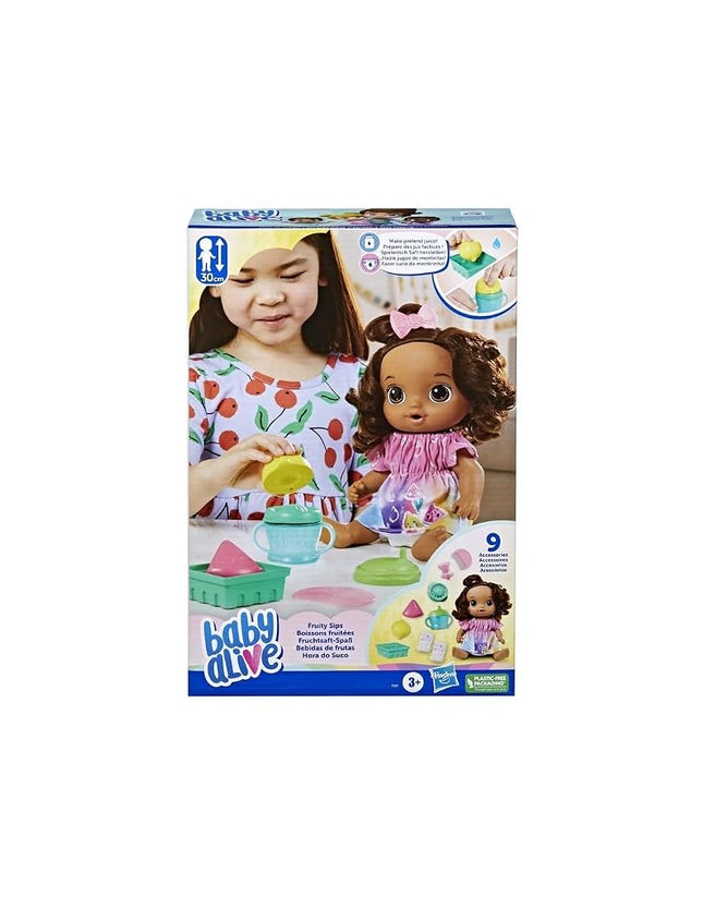 Baby Alive Fruity Sips Doll, Lemon, Toys for 3 Year Old Girls, 12-inch Baby Doll Set, Drinks & Wets, Pretend Juicer, Kids 3 and Up, Brown Hair