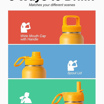 Water Bottle 32 oz Insulated with Straw, Coolflask Stainless Steel Metal 3 Lids Water Flask Wide Mouth for Sports or Office, Non-BPA Keep Cold Up to 48 Hrs or Hot Up to 24 Hrs, Ombre Yellow/Orange