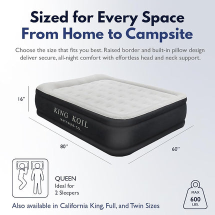 King Koil Luxury Pillow Top Plush Queen Air Mattress with High-Speed Built-in Pump, Blow Up Bed Top Side Flocking, Puncture Resistant, 16" Double High Inflatable Airbed Guests & Travel 1-Year Warranty