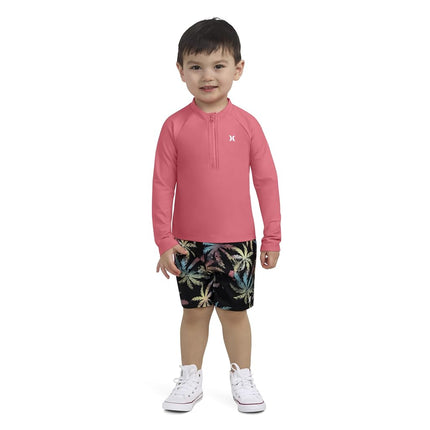 Hurley Baby and Toddler Long Sleeve Rash Guard Swim Suit 2-Piece Outfit Set, Red/Multi Palms, 12 Months