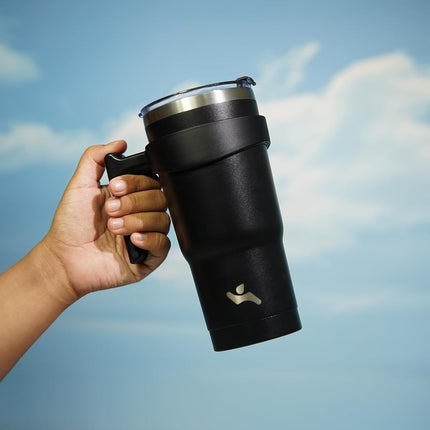 Konokyo Gobelet de 20 oz avec poignée et 2 pailles 2 couvercles, bouteille d'eau isotherme en acier inoxydable, tasse sous vide réutilisable, mug de voyage, noir