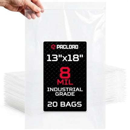 Paclord Large 13" x 18" Gallon Reclosable Poly Zip Seal Lock Bag 8 Mil Thickness, 20 Clear Resealable Bags with Extra Durability, Waterproof and Airtight Heavy Duty Bags