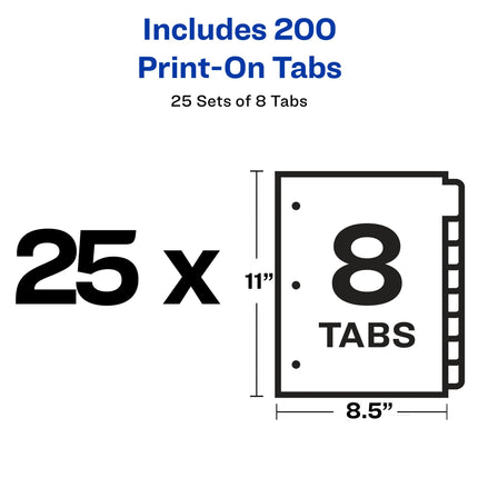 Avery 8-Tab Print-On Binder Dividers, White Tabs, 25 Sets (11554)