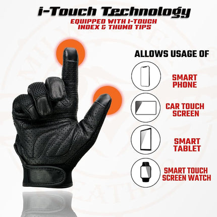 Milwaukee Leather MG7503 Guantes de cuero negro para hombre, compatibles con pantalla táctil, de malla de carreras, para moto, con reflector - 2XL