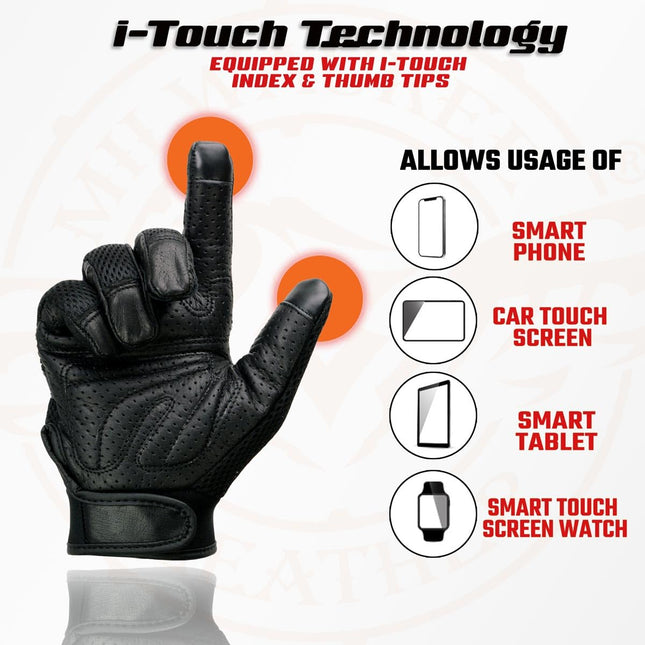 Milwaukee Leather MG7503 Guantes de cuero negro para hombre, compatibles con pantalla táctil, de malla de carreras, para moto, con reflector - 2XL