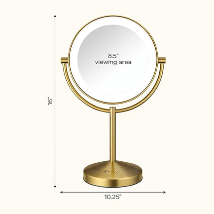 Conair Lighted Makeup Mirror, Double-Sided LED Vanity Mirror with 1X/10X Magnification, 3 Light Settings, 3 Modes, 360� Rotation, Brushed Brass Finish