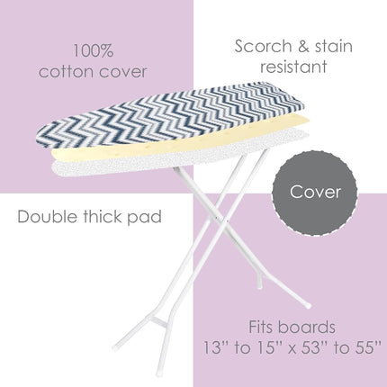 Ironing Board Cover and Pad (Blue Chevron), 100% Cotton with Ultimate Double Padding by Seymour Home Products; Fits Full Size Board | Stain and Scorch Resistant; Elastic Edge | Laundry Accessories