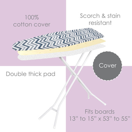 Ironing Board Cover and Pad (Blue Chevron), 100% Cotton with Ultimate Double Padding by Seymour Home Products; Fits Full Size Board | Stain and Scorch Resistant; Elastic Edge | Laundry Accessories