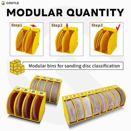 5 Inch Professional Sanding Discs Storage Bins - 10 Bins Set for Efficient Organization, Offset Snap-On Connection, Grit Classification, Space-Saving Design and Versatile Application, Yellow