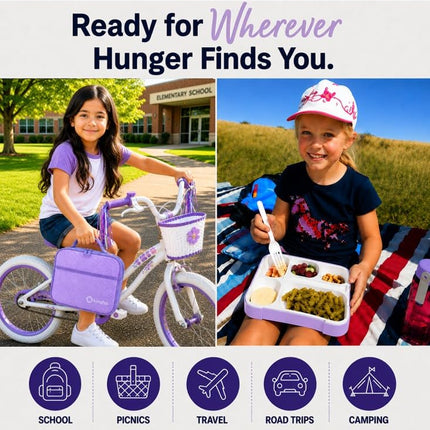 Bento-Box with Bag and Ice Pack Set. Lunch Boxes Snack Containers for Kids Boys Girls Adults. 6 Compartments, Leakproof Portion Container Boxes Insulated Bags for School Lunches, BPA Free, Purple…