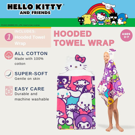 Hello Kitty et ses amis - Peignoir de bain/piscine/plage à capuche en coton éponge ultra doux pour enfant, 61 x 127 cm (produit sous licence officielle) par Franco