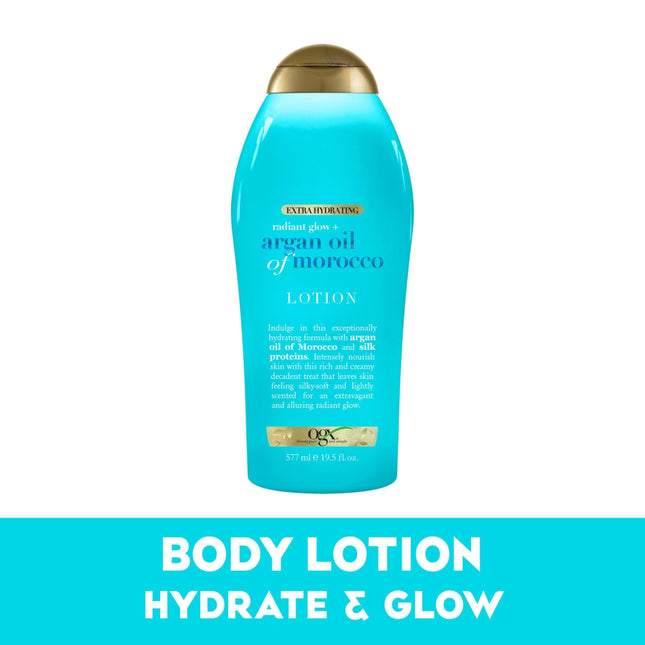 OGX Radiant Glow + Argan Oil of Morocco Extra Hydrating Body Lotion for Dry Skin, Nourishing Creamy Body & Hand Cream for Silky Soft Skin, Paraben-Free, Sulfated-Surfactants Free, 19.5 fl oz