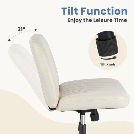DUMOS Desk Chair No Wheels, Criss Cross Chair Wide Cross Legged Office Desk Vanity Chair, PU Leather Armless Adjustable Swivel Chairs for Home Computer Task Beige