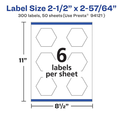 Avery Matte White Removable Hexagon Labels with Sure Feed Technology, Print-to-The-Edge, 2-1/2" x 2-57/64", 300 Removable Labels, Laser/Inkjet Printable Labels