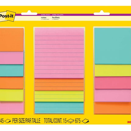 Post-It Super Sticky Notes Assorted Sizes 15/Pkg-Miami 2"X2", 3"X3", 4"X4"