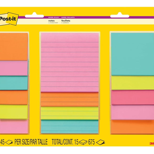 Post-It Super Sticky Notes Assorted Sizes 15/Pkg-Miami 2"X2", 3"X3", 4"X4"