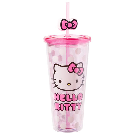 Gobelet réfrigérant en plastique Silver Buffalo Sanrio Hello Kitty avec nœud, pois roses, couvercle et paille, 710 ml