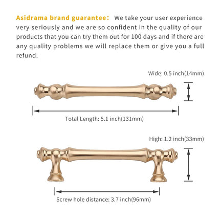 Asidrama 6 Pack 3.75 Inch(96mm) Brushed Brass Kitchen Cabinet Handles, Gold Cabinet Pulls Kitchen Cabinet Hardware for Cupboard Drawer Handles Dresser Pulls, A0018
