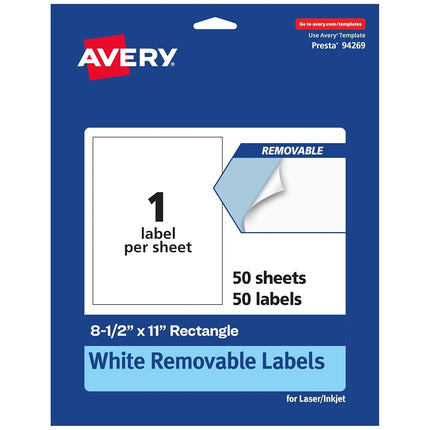 Papel adhesivo mate blanco Avery, etiquetas rectangulares removibles, 8.5" x 11", 50 etiquetas removibles, etiquetas imprimibles con láser/inyección de tinta