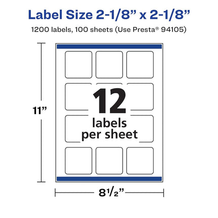 Avery Matte White Square Labels with Sure Feed, 2-1/8" x 2-1/8", 1,200 Matte White Printable Labels