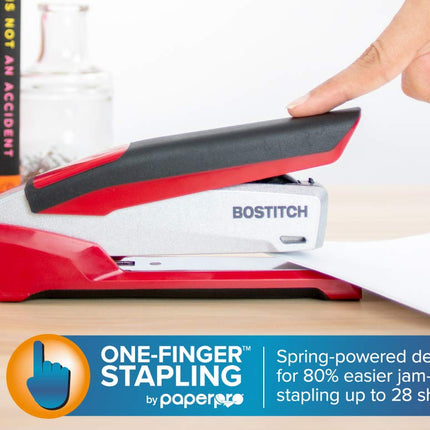 PaperPro inPOWER+28 Executive Stapler - 3 in 1 Stapler - One Finger, No Effort, Spring Powered Stapler, Red/Silver (1117)