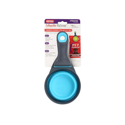 Dexas Popware for Pets Collapsible Klip Scoop, 3 in 1 Design Convenient Measuring Cup, Food Scooper and Bag Clip, 1Cup Capacity Pet Food Scoop, Versatile Food Measuring Cups Portion Control Gray/Blue