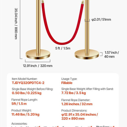 VEVOR Stanchion Post, 4 Pcs Crowd Control Barrier Set with 2 Red Velvet Ropes, 5 ft Stainless Steel Gold Stanchion Post Queue with Sand Injection Hollow Base for Theater, Party, Wedding, Exhibition