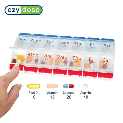 EZY DOSE Pilulier à Bouton-Poussoir (7 Jours), Organisateur de Médicaments et de Vitamines, Hebdomadaire, 2 Fois par Jour, Matin/Soir, Grands Compartiments, Facile à Utiliser en Cas d'Arthrite, Couvercles Transparents, Rouge/Bleu