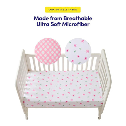 Paquete de 2 sábanas para cuna de niños y niñas – Ajuste elástico completo para colchones de cuna estándar (28″×52″) – Estampados elegantes de animales de zoológico, plumas, cuadros vichy y pétalos, enredaderas de acuarela, cuadros vichy y pétalos