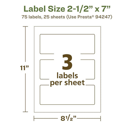 Avery EcoFriendly Matte White Recycled Rectangle Labels, 2.5" x 7", Print-to-The-Edge, Matte White Labels, Permanent Adhesive, Laser/Inkjet Printable, 75 Total