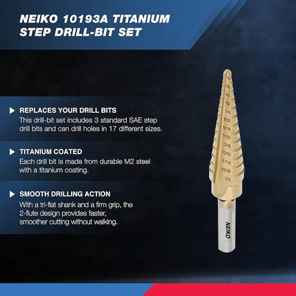 Neiko 3-Piece Titanium Step Drill Bits Set M2 Steel - 28 Sizes, SAE