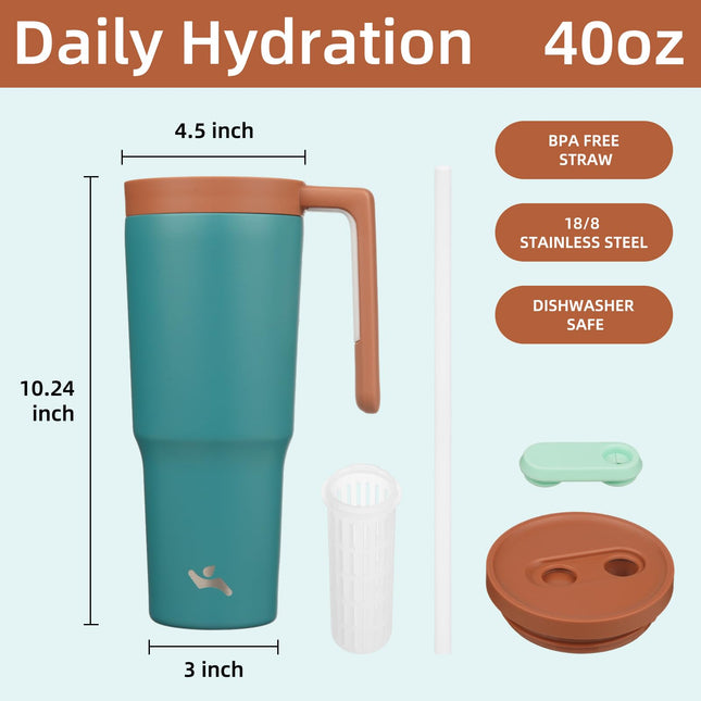 Vaso térmico Konokyo con asa y pajita, botella de agua de acero inoxidable al vacío de 40 oz, taza de viaje de metal con difusor de fruta, azul lago